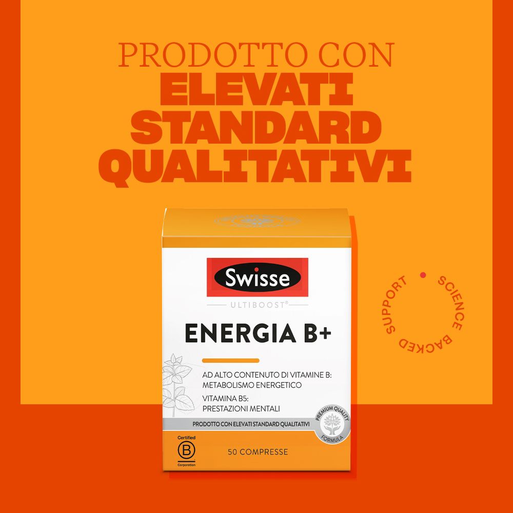 Swisse Energia B+ Packung. Weiß, orange und rot. Mit Text: Produkt mit hohen Qualitätsstandards.