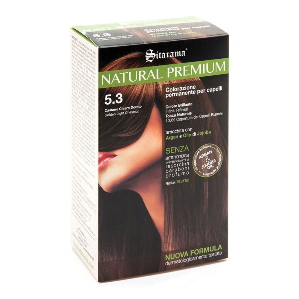 Scatola di tinta per capelli. Marca: Sitarama Natural Premium. Colore: 5.3 Castano Chiaro Dorato. Contiene olio di Argan e Jojoba. Senza ammoniaca.