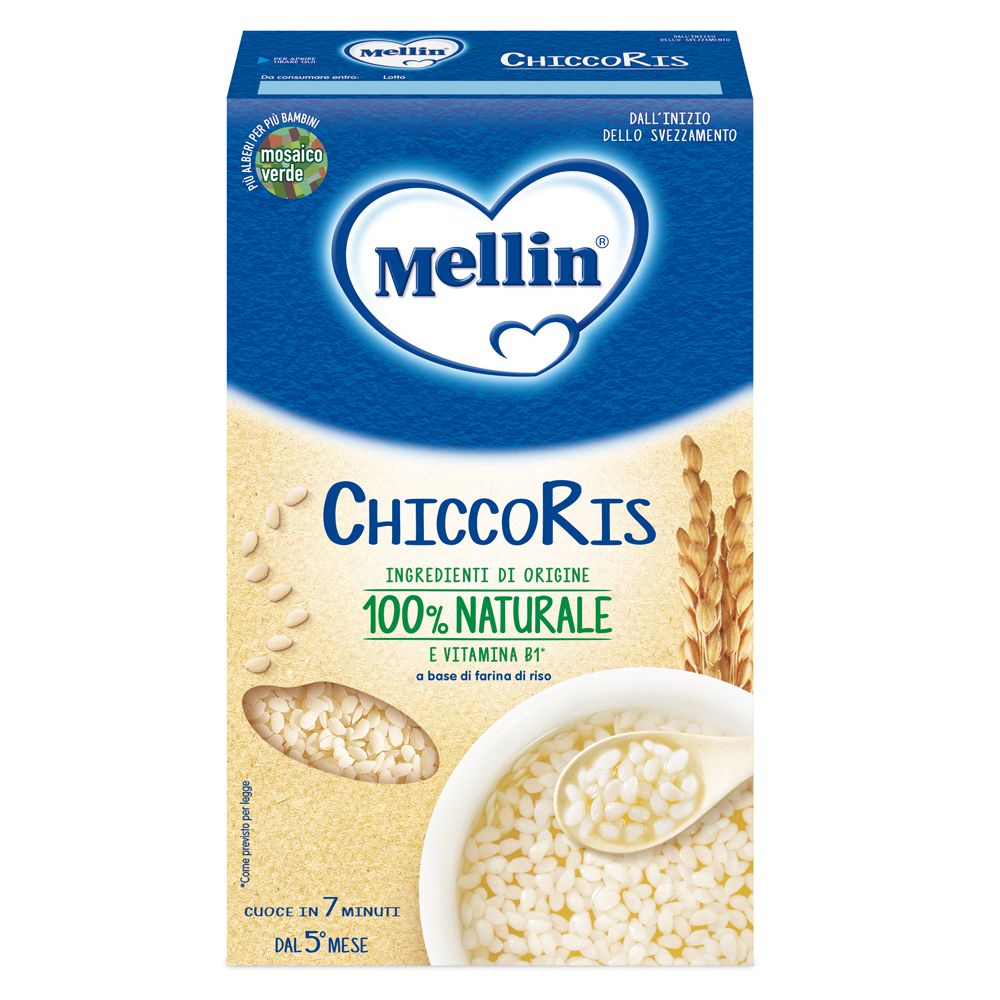 Blau-weiße Verpackung von Mellin ChiccoRis. Enthält Reisflocken und Text. Logo mit Herz. 100% natürlich. Für Babys ab 5 Monaten.