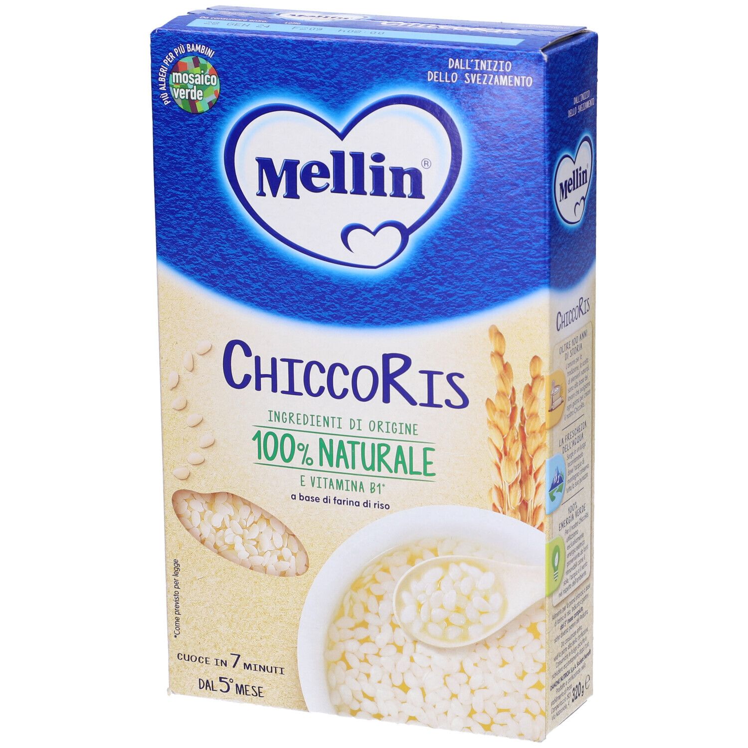 Blau-weiße Schachtel mit Mellin ChiccoRis. Enthält Reisflocken. Text: 100% natürlich, Vitamin B1. Ab 5 Monaten.