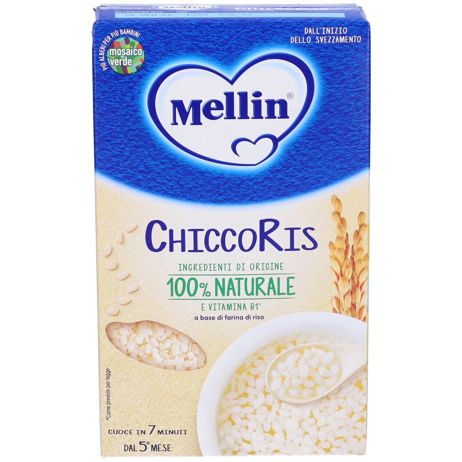 Blaue und weiße Schachtel Mellin ChiccoRis. Reisflocken und Schüssel sichtbar. Text: 100% natürlich, Vitamin B1. Ab 5 Monaten.