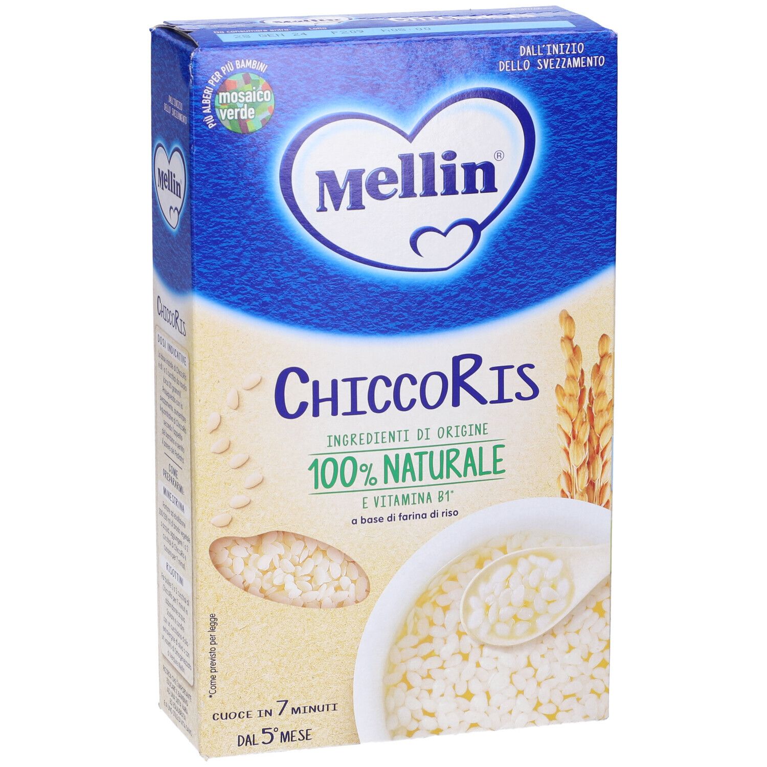 Blaue und weiße Schachtel Mellin ChiccoRis. Reisflocken und Schüssel sichtbar. Text: 100% natürlich, Vitamin B1. Ab 5 Monaten.