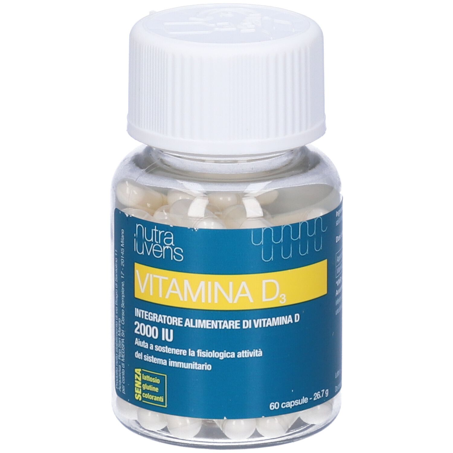 Flacone trasparente con capsule bianche e tappo bianco. Scritta: Nutraiuvens, Vitamina D3, 2000 UI.