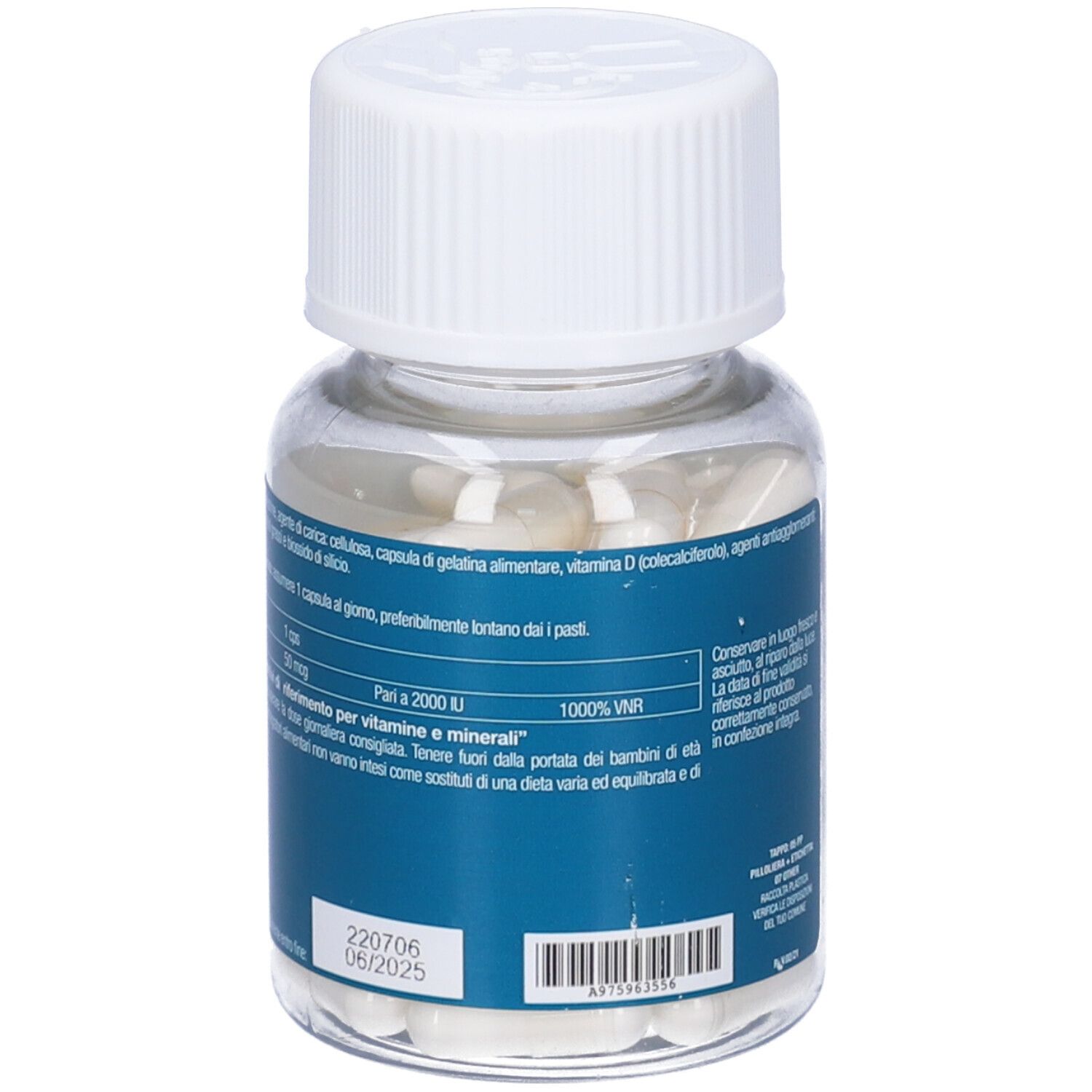 Retro del flacone con testo. Contiene informazioni sugli ingredienti e il dosaggio. Scritta: Nutraiuvens, Vitamina D3.