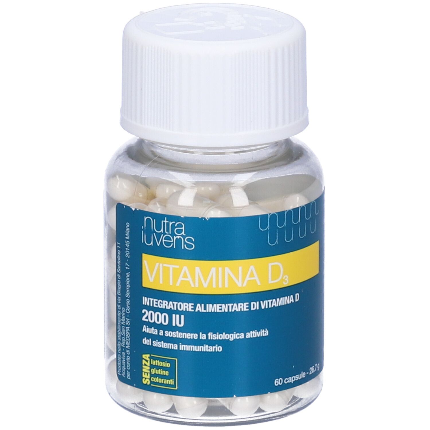Flacone trasparente con capsule bianche e tappo bianco. Scritta: Nutraiuvens, Vitamina D3, 2000 UI.