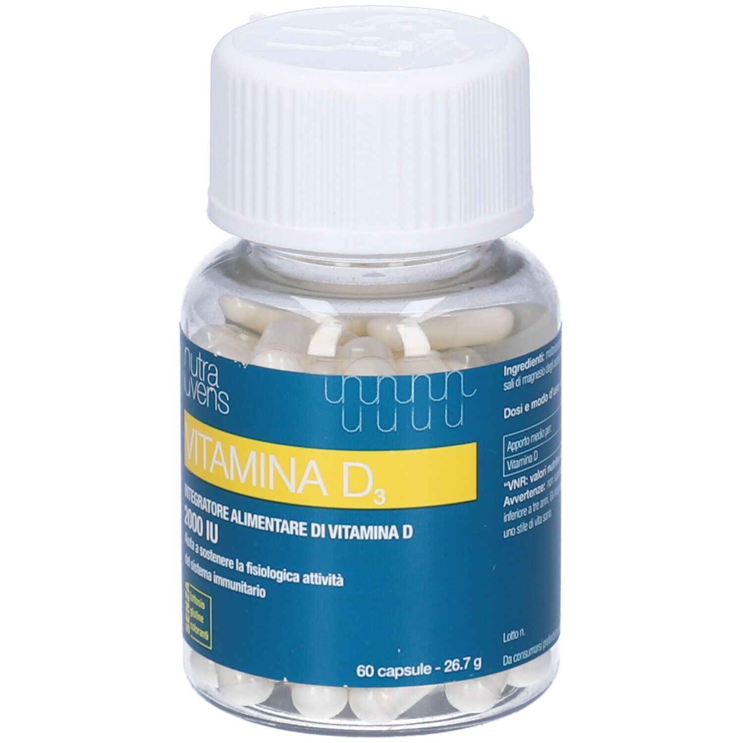 Flacone trasparente con capsule bianche e tappo bianco. Scritta: Nutraiuvens, Vitamina D3, 2000 UI.