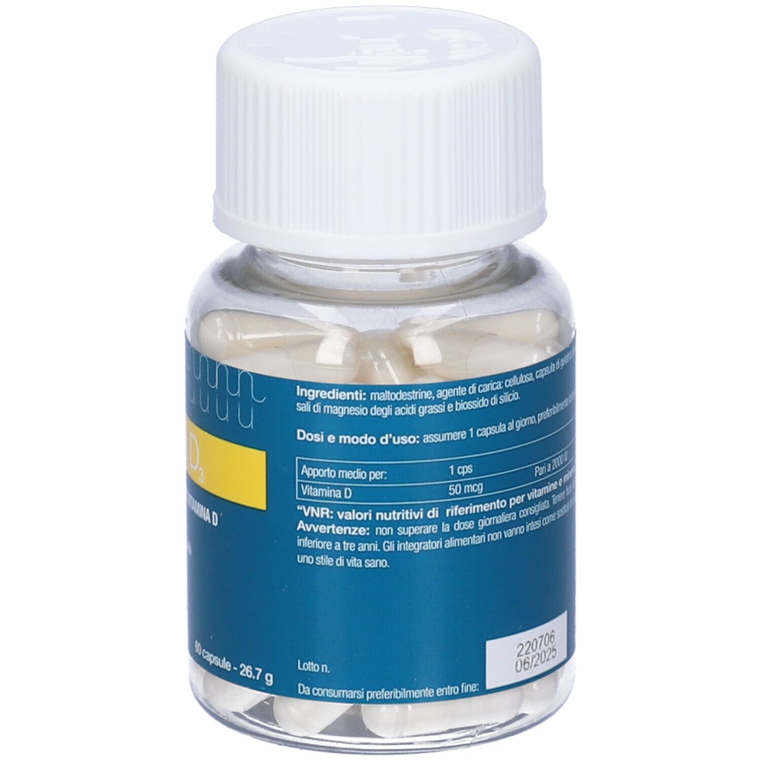 Retro del flacone con testo. Contiene informazioni sugli ingredienti e il dosaggio. Scritta: Nutraiuvens, Vitamina D3.