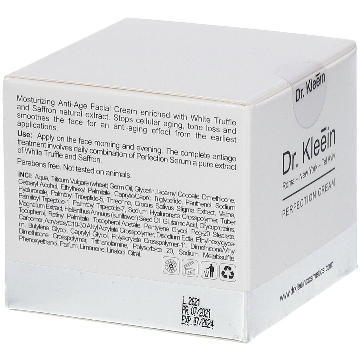Confezione bianca con testo. Visibili "Dr. Kleein" e "PERFECTION CREAM". Testo su ingredienti e utilizzo.
