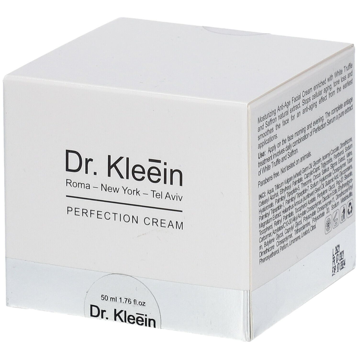 Confezione bianca con testo. "Dr. Kleein PERFECTION CREAM" e volume 50 ml. Testo su ingredienti e utilizzo.