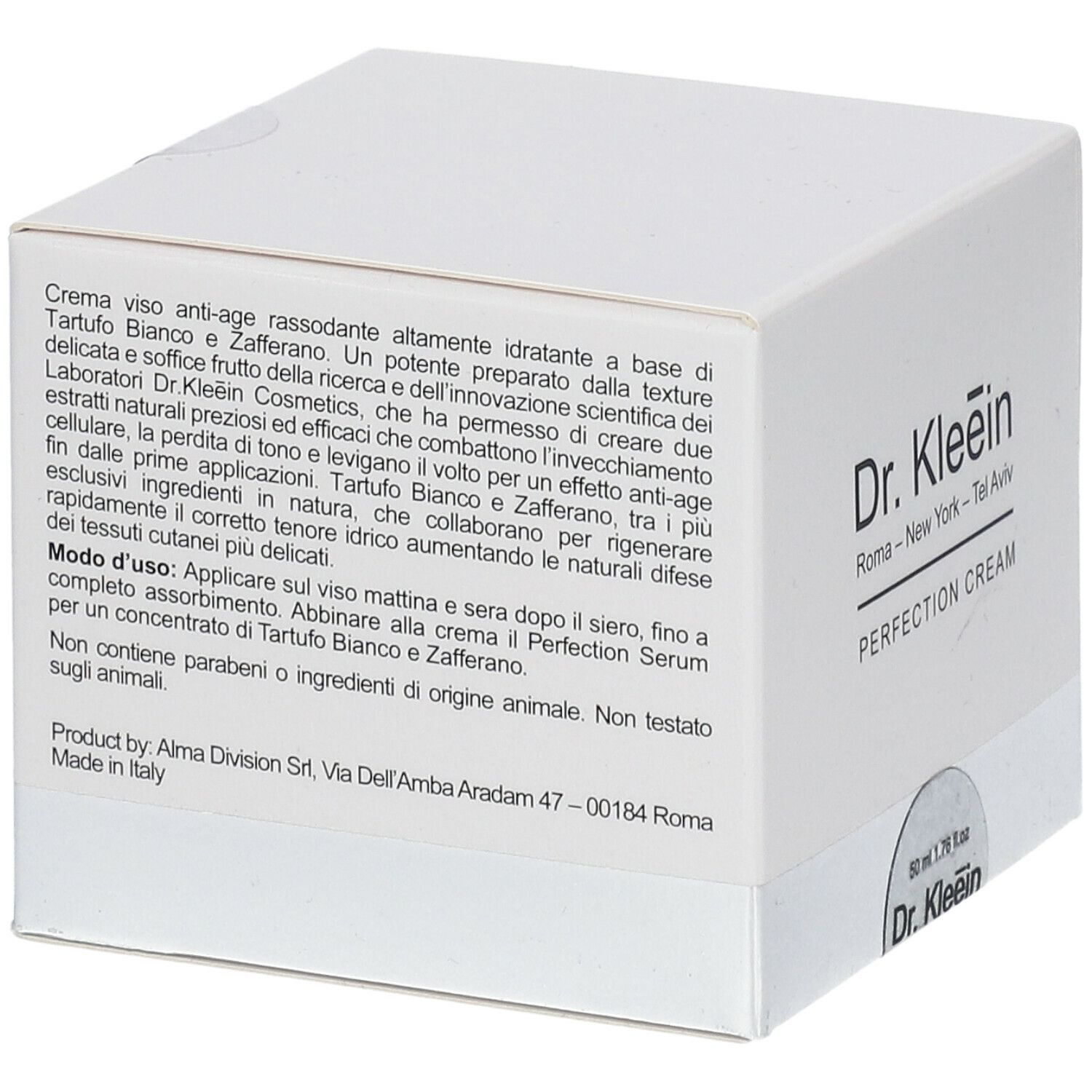 Confezione bianca con testo. "Dr. Kleein PERFECTION CREAM" e testo sugli ingredienti. Prodotto in Italia.
