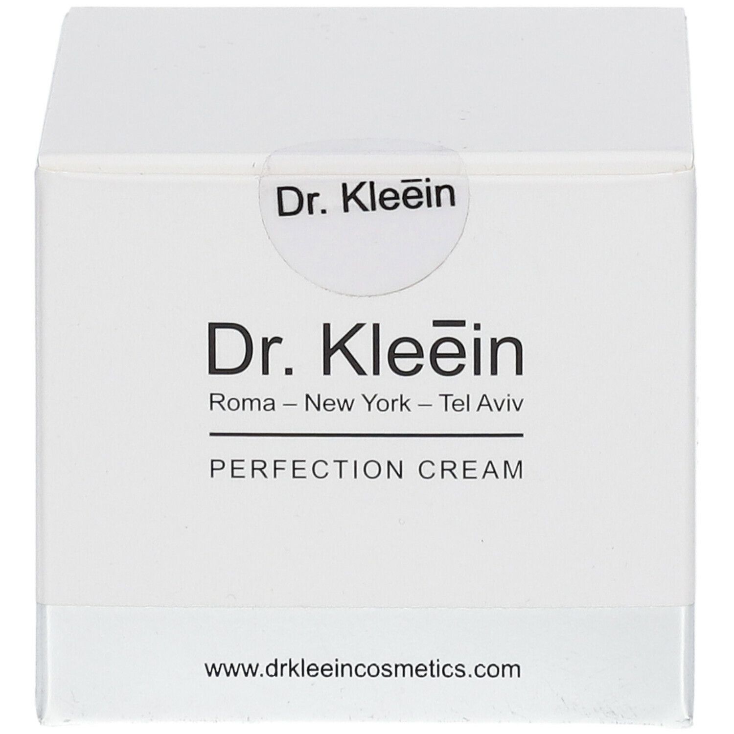 Confezione bianca con logo "Dr. Kleein PERFECTION CREAM". Marchio e nome del prodotto. Indirizzo del sito web.