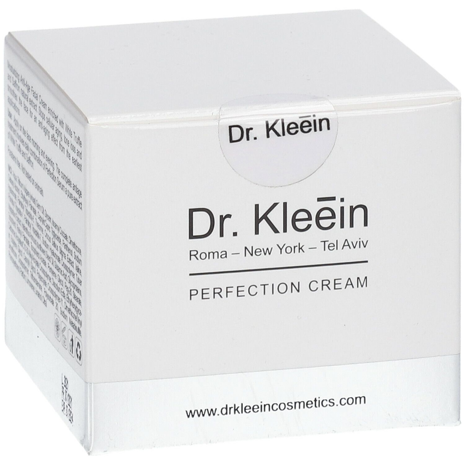 Confezione bianca con testo. "Dr. Kleein PERFECTION CREAM" e indirizzo del sito web. Testo su ingredienti e utilizzo.