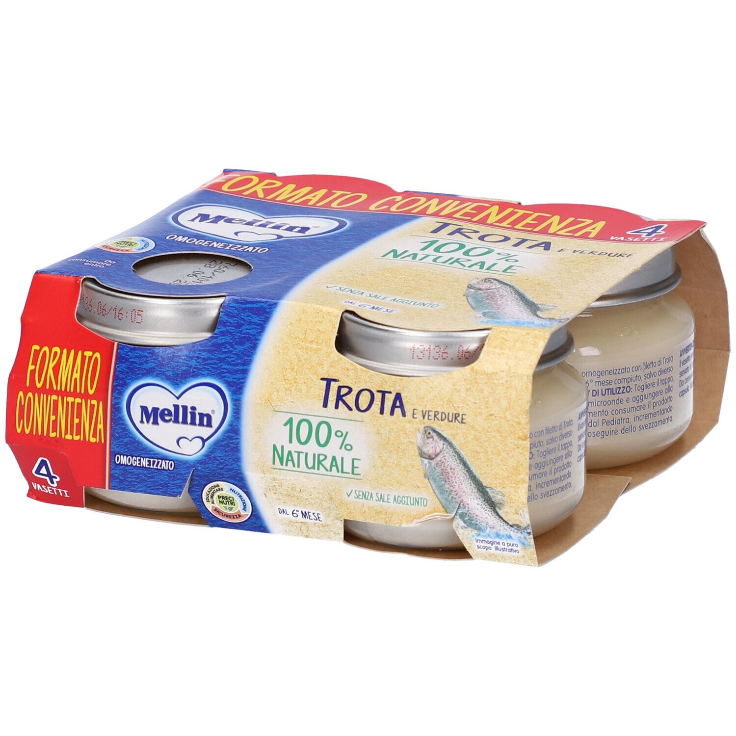 Confezione da quattro vasetti Mellin Omogenizzato Trota. Scritta: Trota 100% naturale. Senza sale aggiunto.