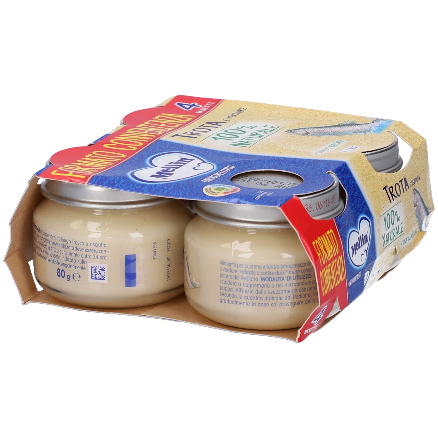 Confezione da quattro vasetti Mellin Omogenizzato Trota. Scritta: Trota 100% naturale. Senza sale aggiunto. 80g per vasetto.
