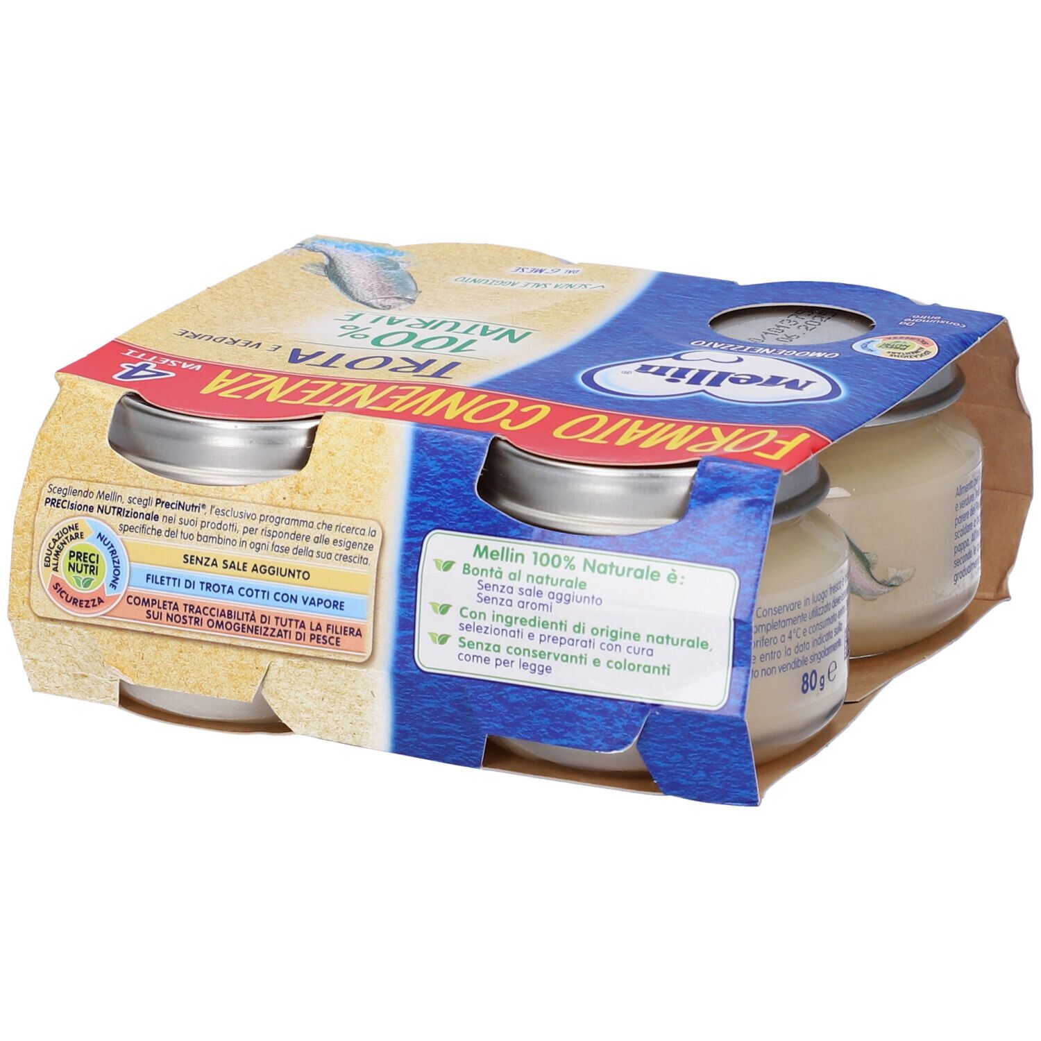 Confezione da quattro vasetti Mellin Omogenizzato Trota. Scritta: Trota 100% naturale. Senza sale aggiunto. 80g per vasetto.