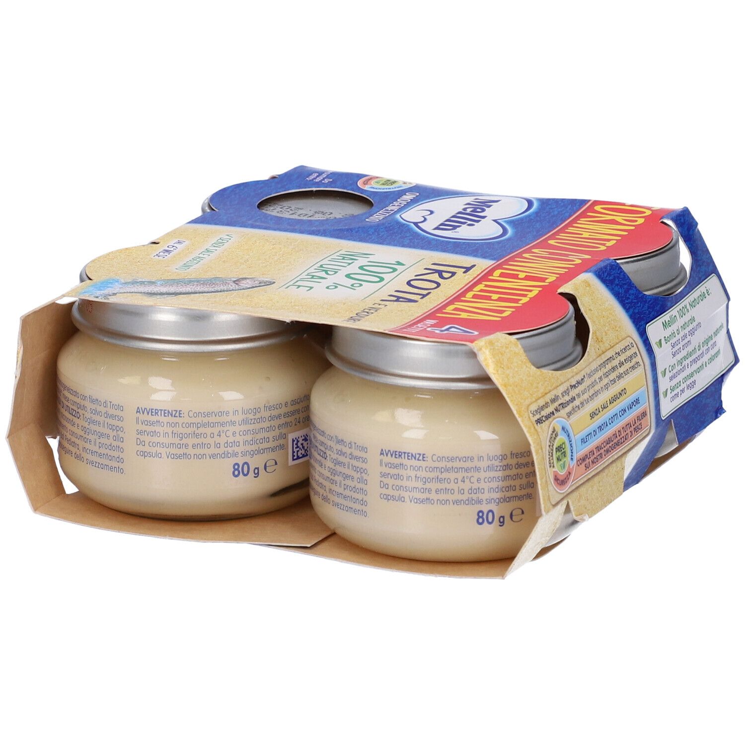 Confezione da quattro vasetti Mellin Omogenizzato Trota. Scritta: Trota 100% naturale. Senza sale aggiunto. 80g per vasetto.