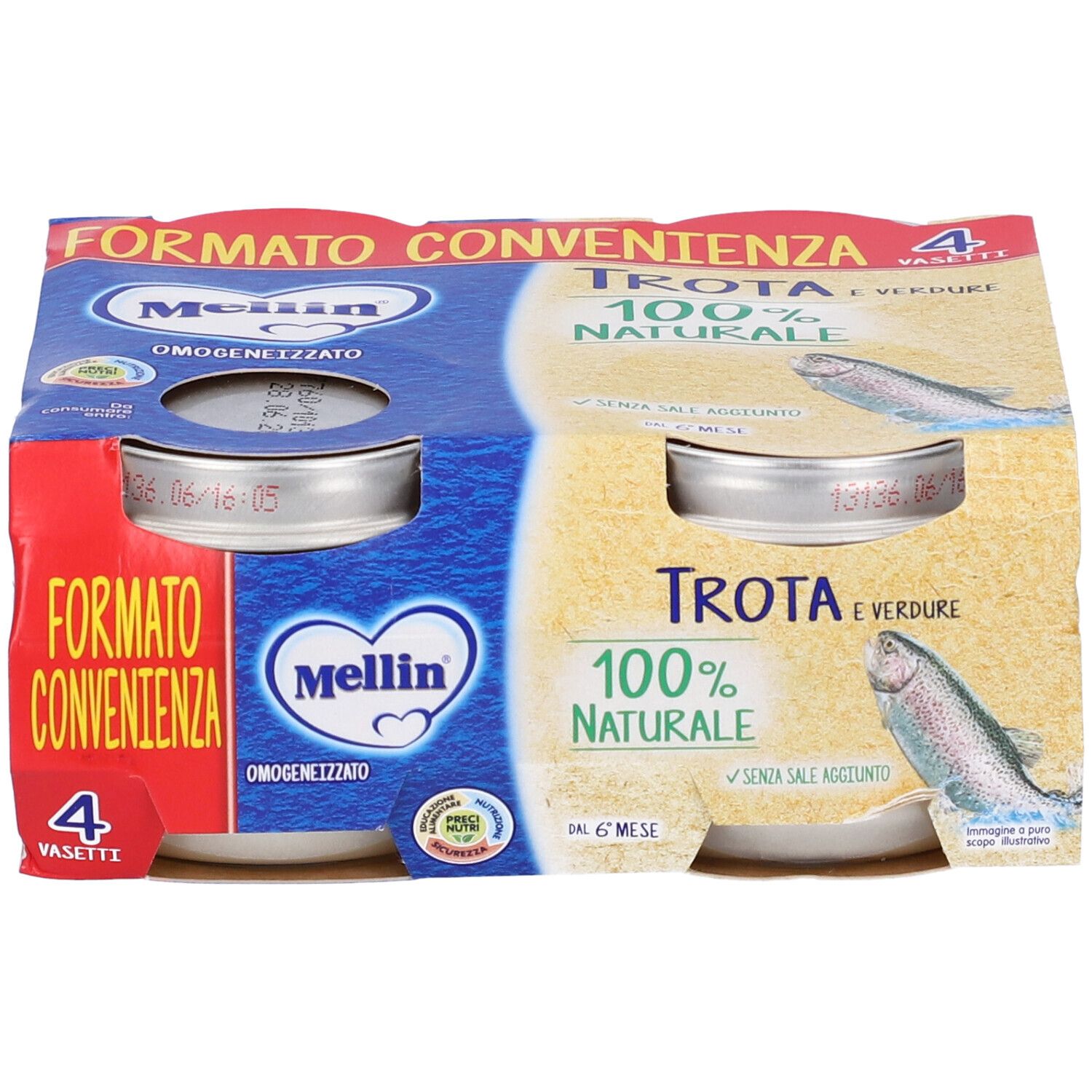 Confezione da quattro vasetti Mellin Omogenizzato Trota. Scritta: Trota e verdure 100% naturale. Senza sale aggiunto.
