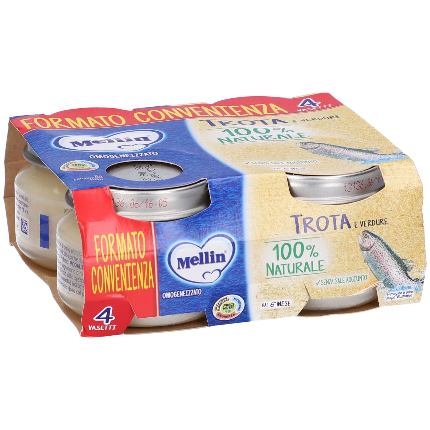 Confezione da quattro vasetti Mellin Omogenizzato Trota. Scritta: Trota e verdure 100% naturale. Senza sale aggiunto.