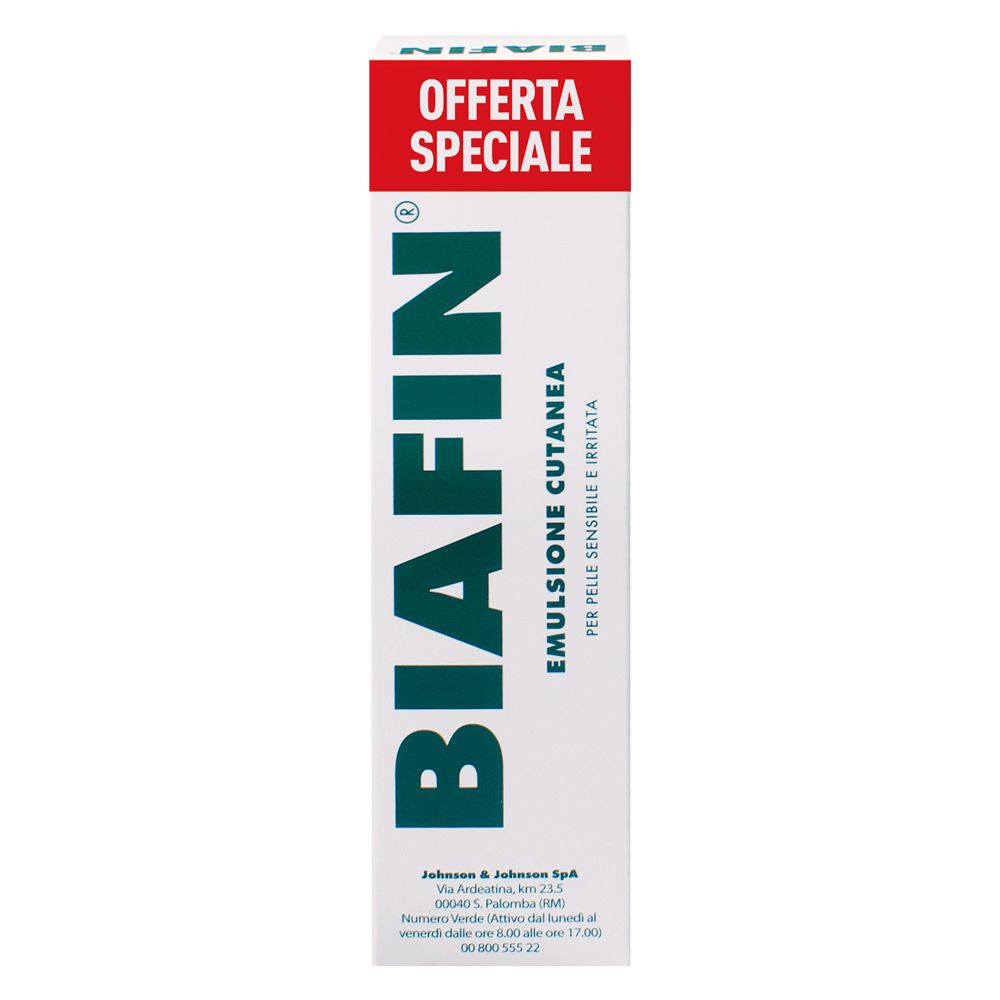 Confezione di Biafin. Bianco con banner rosso 'Offerta Speciale'. Testo: Biafin, Emulsione Cutanea, per pelli sensibili.