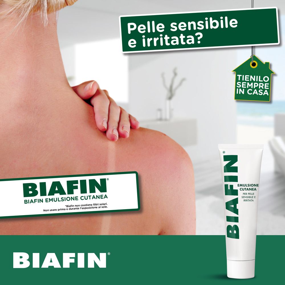 Pubblicità Biafin. Donna con spalla arrossata. Testo: Biafin Emulsione Cutanea. Domanda: 'Pelle sensibile e irritata?'
