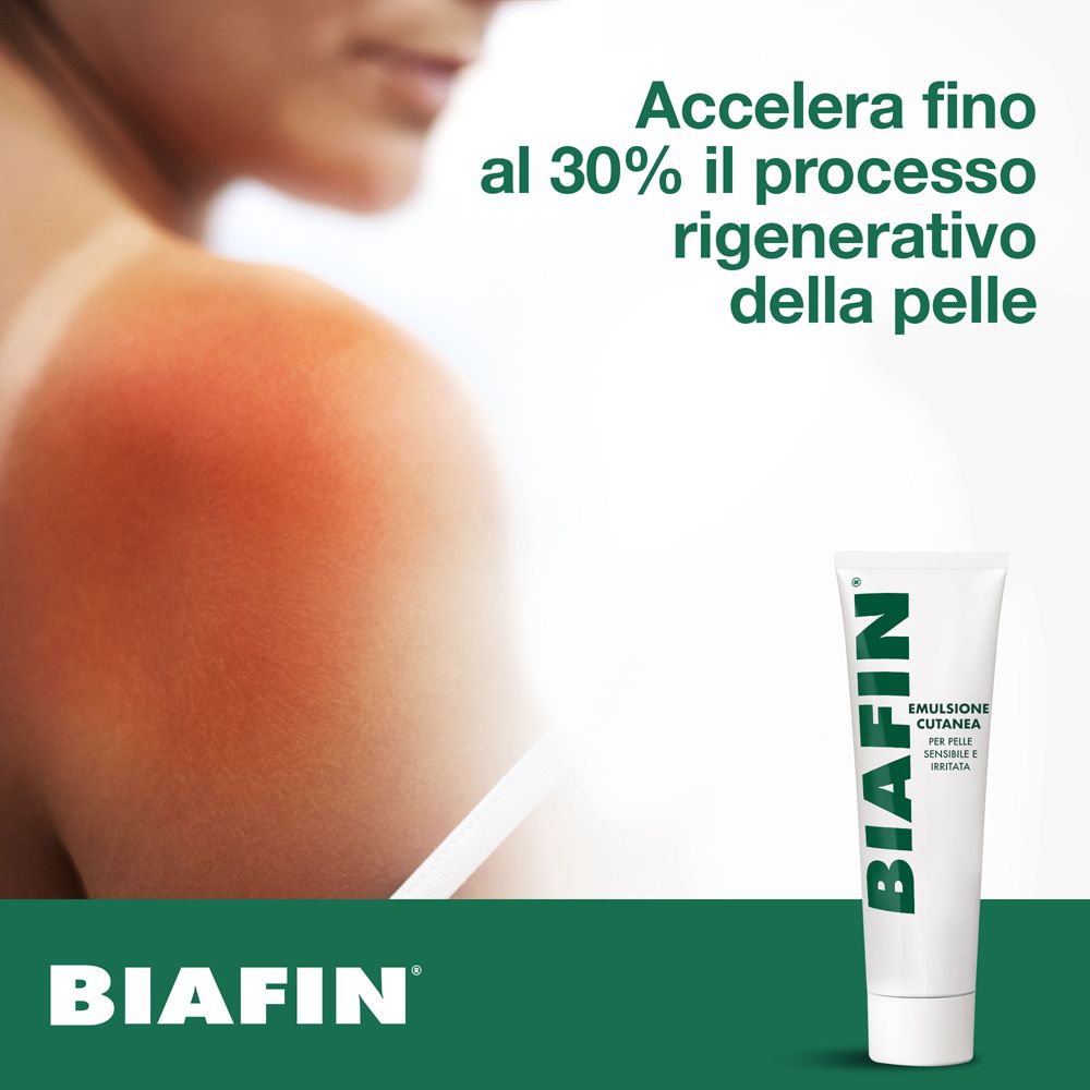 Pubblicità Biafin. Donna con spalla arrossata. Testo: Biafin Emulsione Cutanea. Accelera la rigenerazione della pelle.