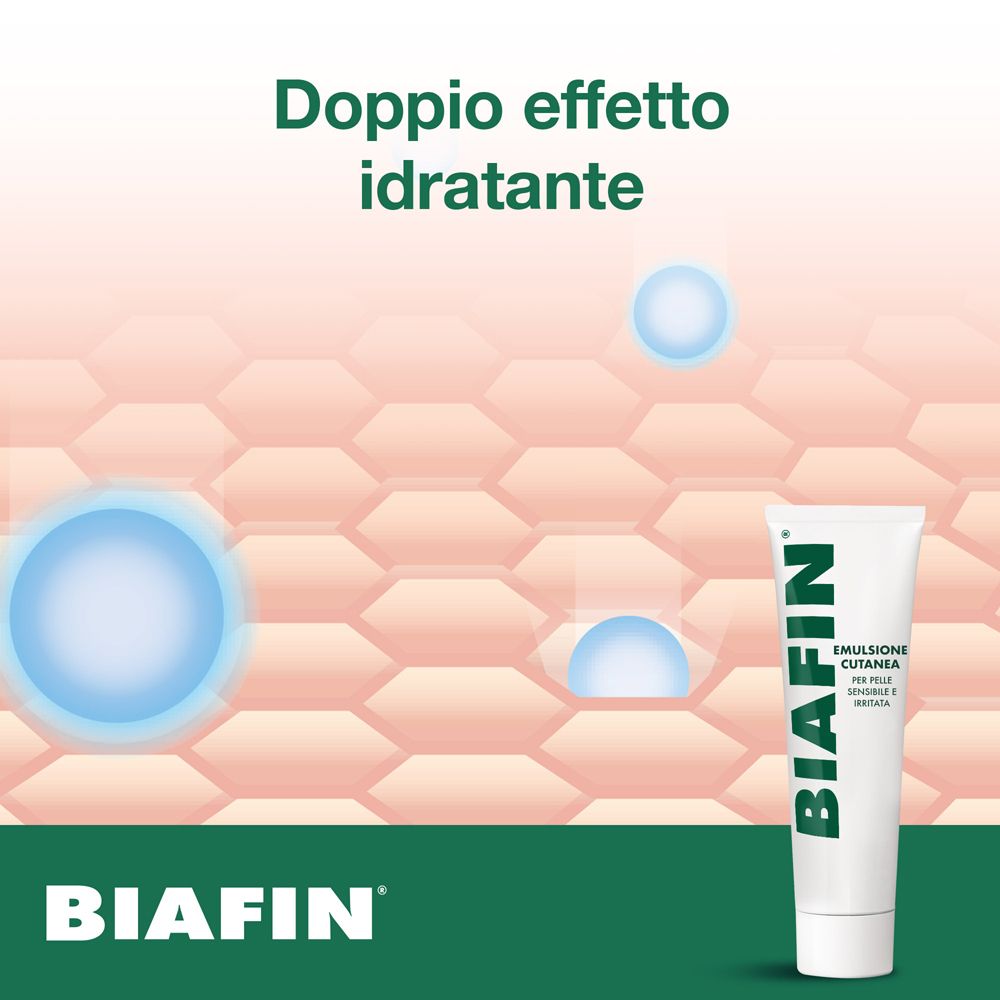 Pubblicità Biafin. Testo: Doppio effetto idratante. Illustrazione: pelle con gocce.