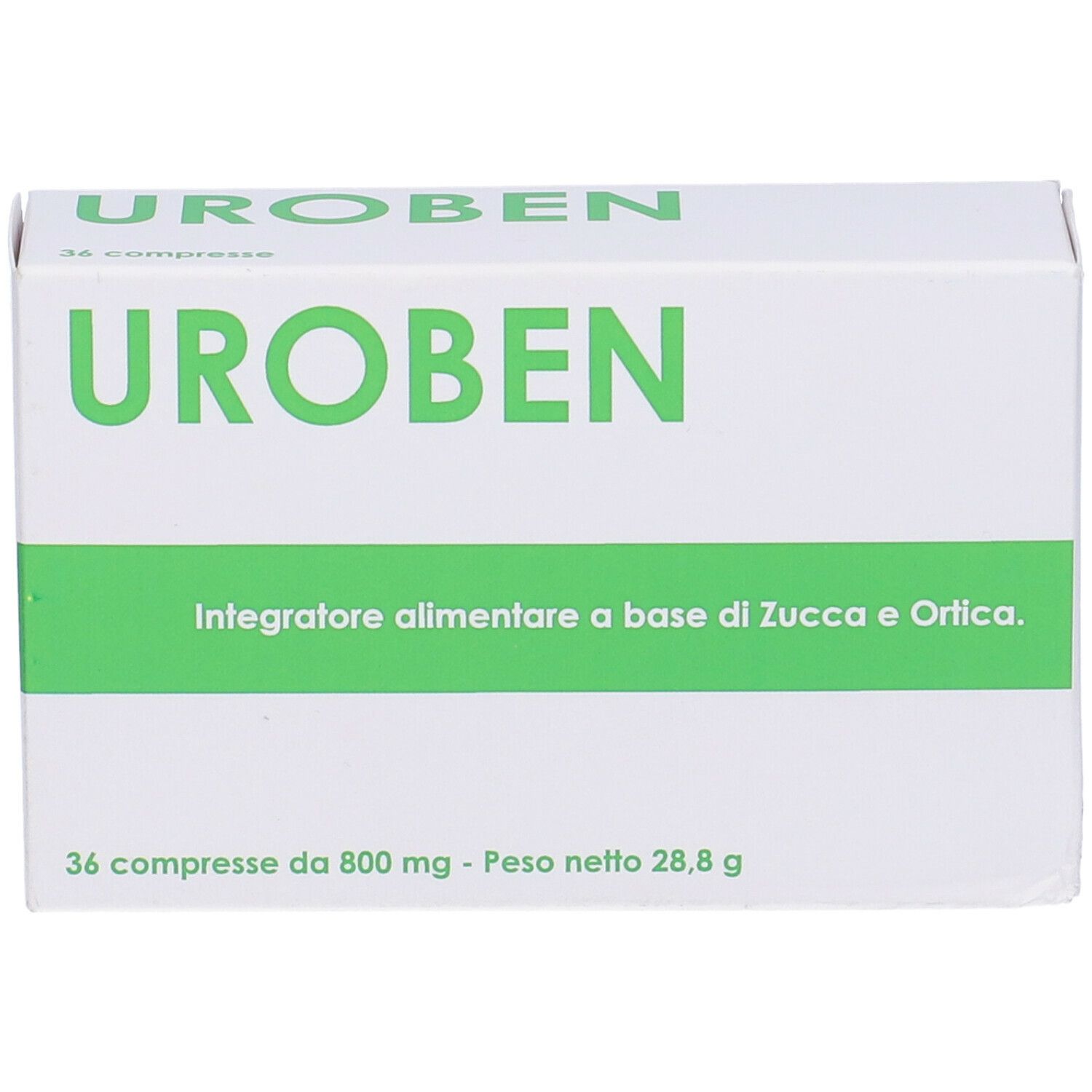 Scatola bianca con banda verde, scritta UROBEN. Contiene 36 compresse. Testo: Integratore alimentare a base di Zucca e Ortica.