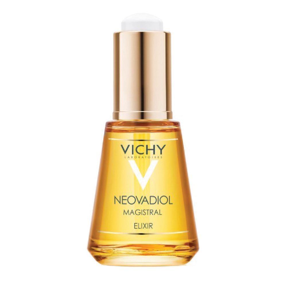 Flacon en verre brun avec bouchon doré. Inscription: Vichy, Neovadiol Magistral Elixir.