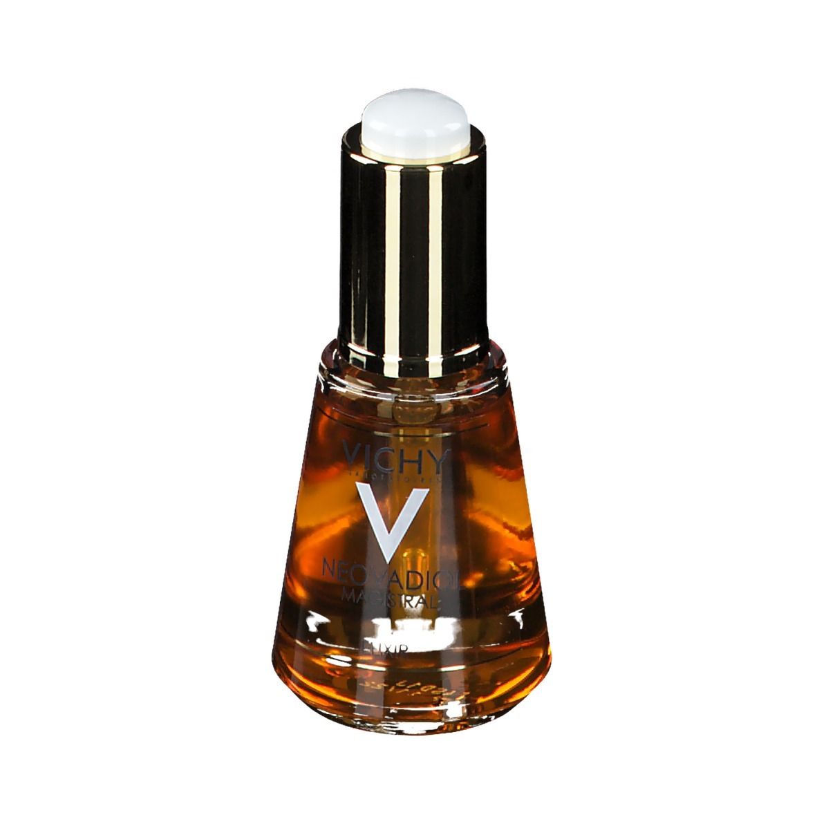 Flacon en verre brun avec bouchon doré. Inscription: Vichy, Neovadiol.