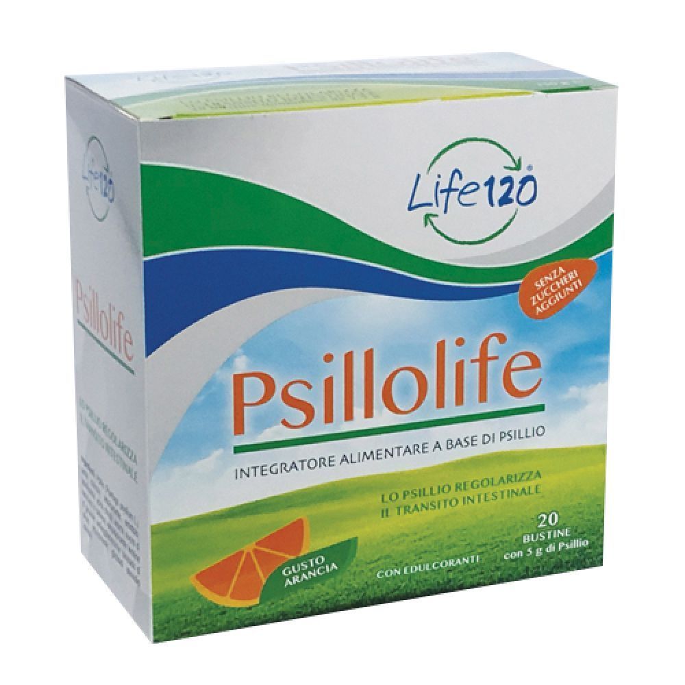 Scatola di Psillolife. Scritte: Life 120, Psillolife, 20 bustine, senza zuccheri aggiunti, gusto arancia. Contiene psillio.