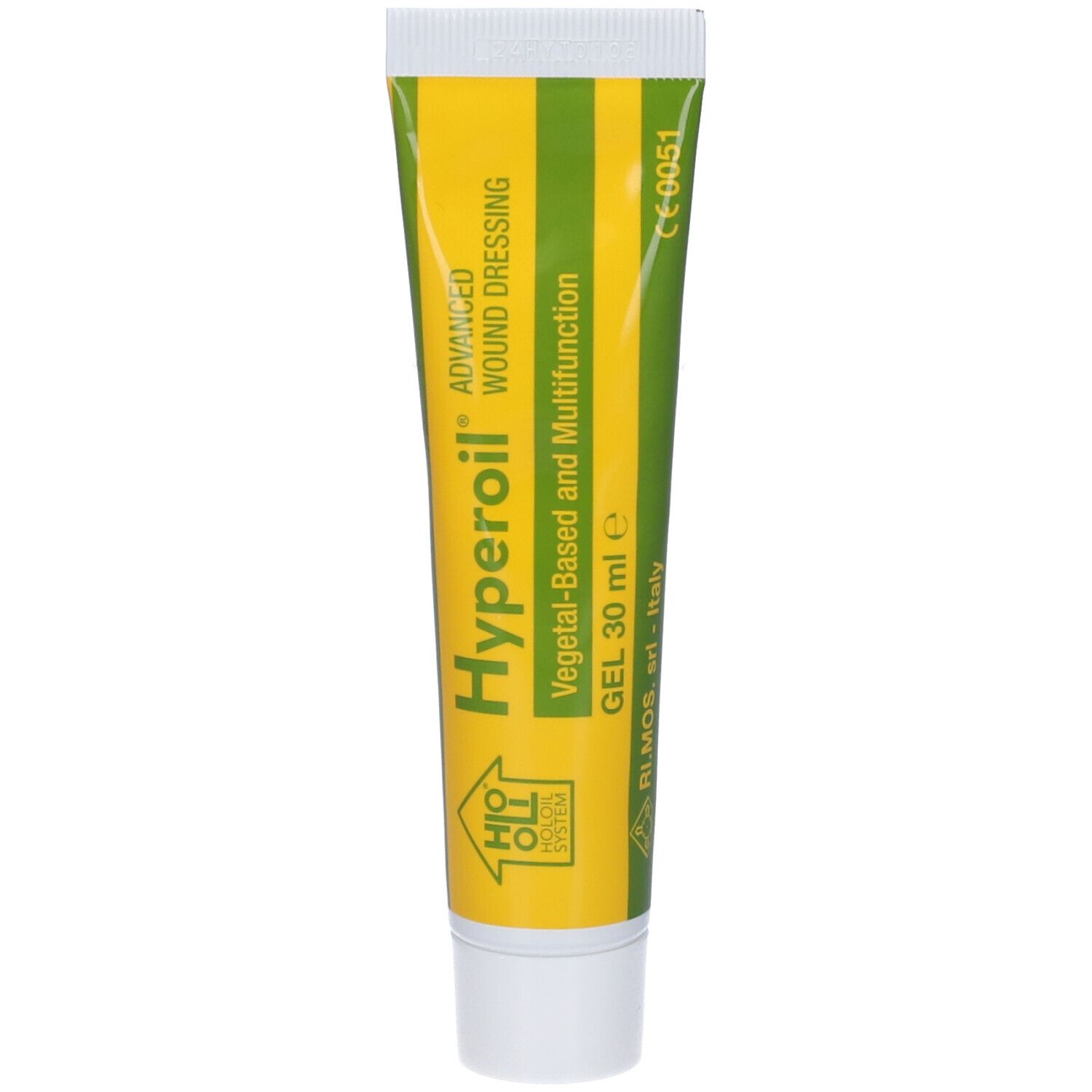 Tubo di gel giallo-verde. Scritta: Hyperoil, Advanced Wound Dressing, Gel 30 ml. Con marchio CE.