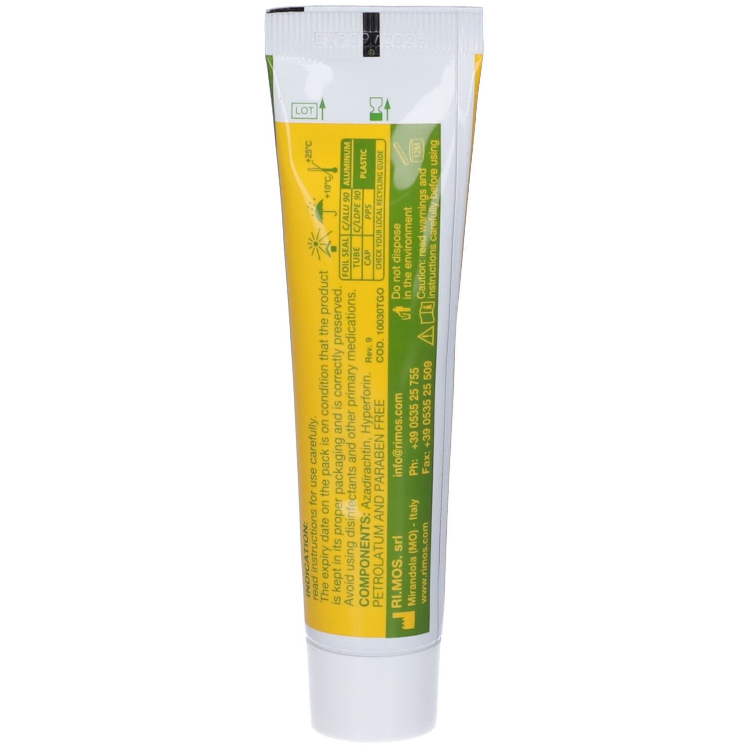 Retro del tubo di gel. Contiene informazioni sugli ingredienti e sul produttore. Design giallo-verde.