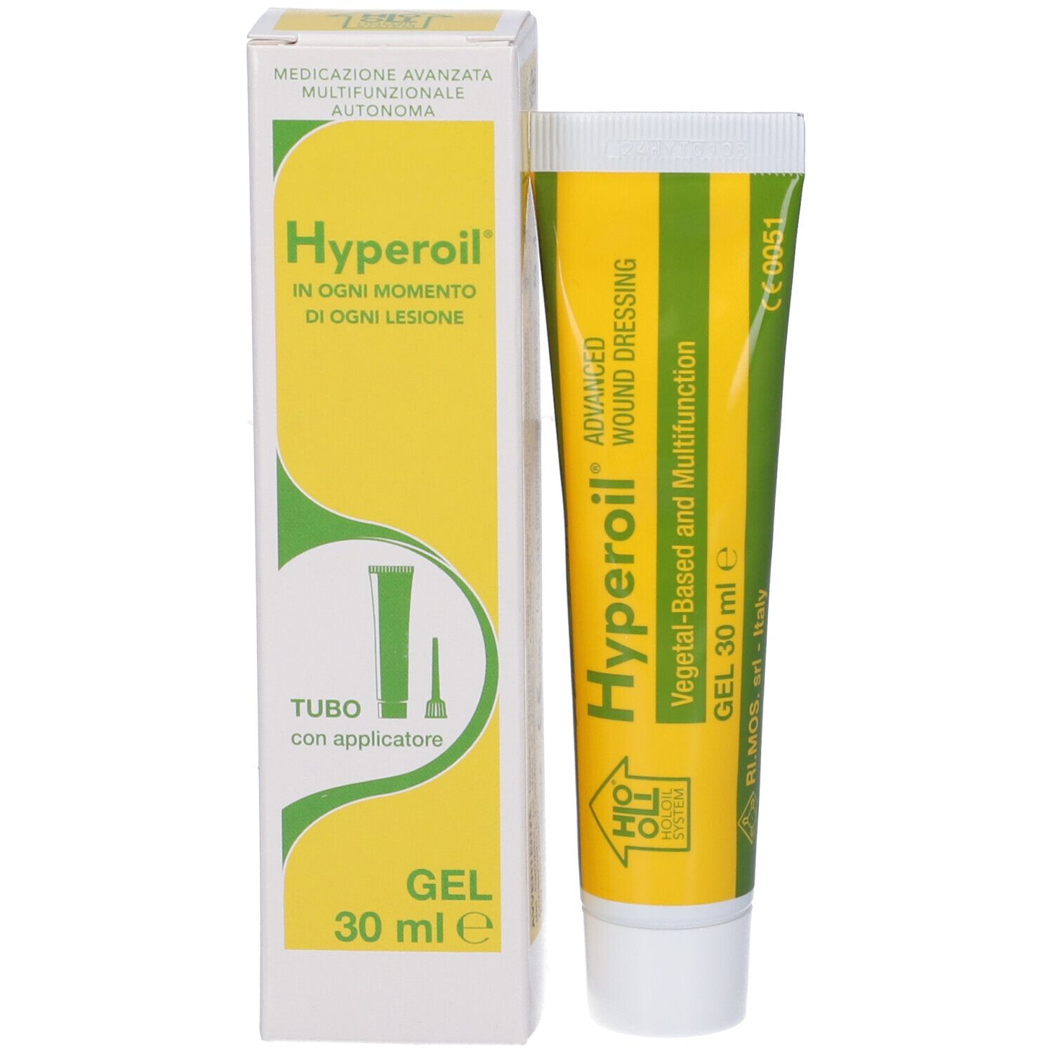 Tubo di gel e confezione. Confezione con scritta Hyperoil, Gel 30 ml. Tubo con applicatore.