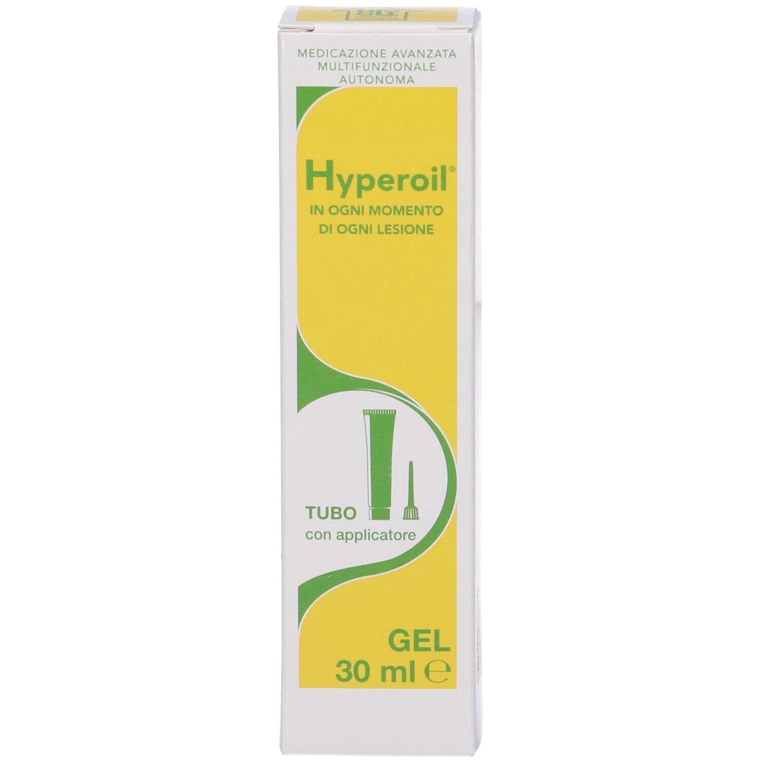 Confezione con scritta Hyperoil, Gel 30 ml. Contiene un'immagine di un tubo con applicatore.