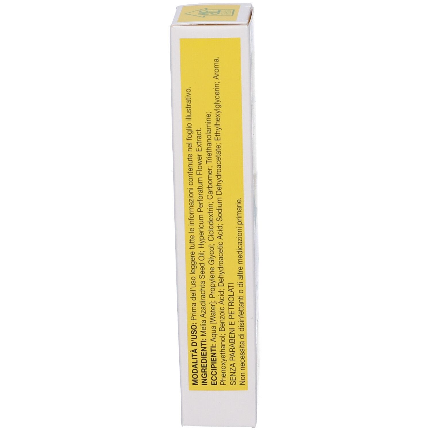 Confezione con informazioni sugli ingredienti e istruzioni per l'uso. Design giallo e bianco.