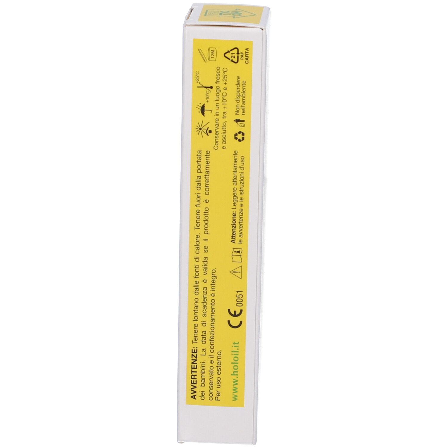 Confezione con avvertenze e istruzioni di conservazione. Design giallo e bianco.