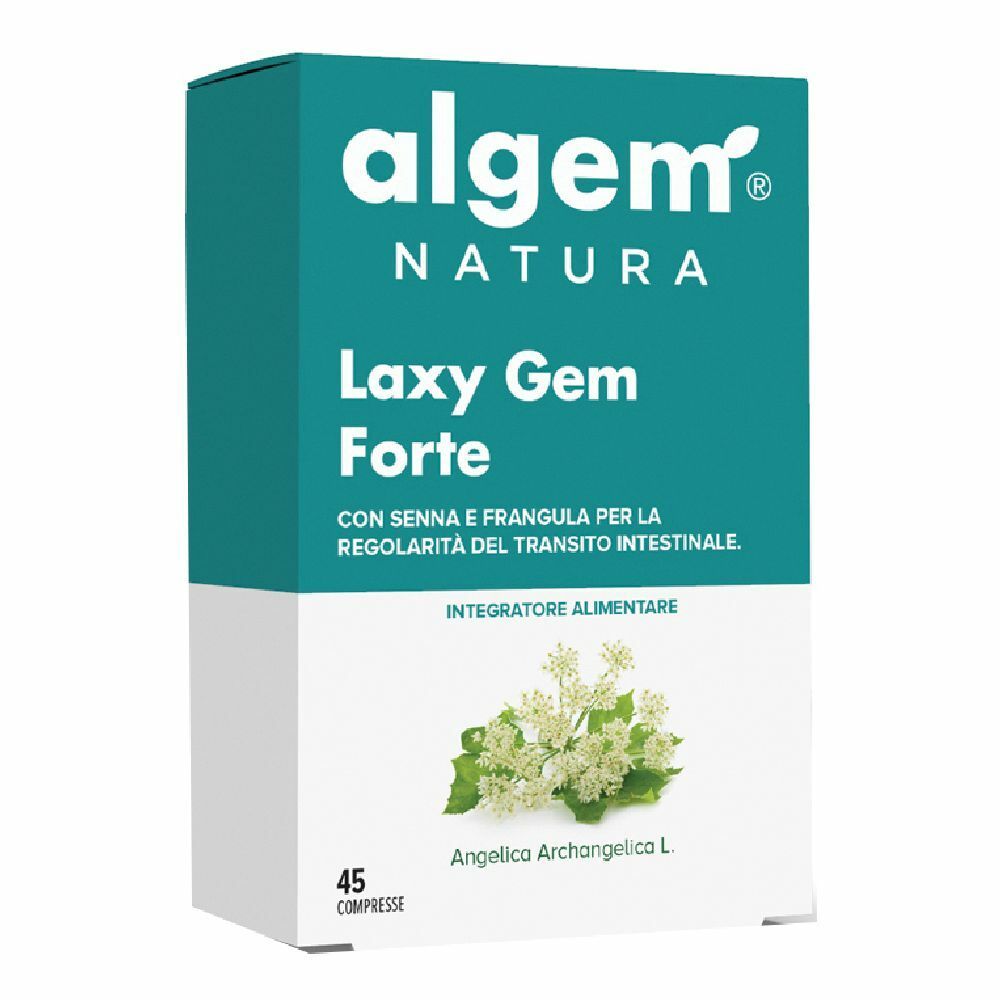 Scatola di Algem Natura Laxy Gem Forte Compresse. Confezione turchese e bianca con nome del prodotto e immagine floreale.