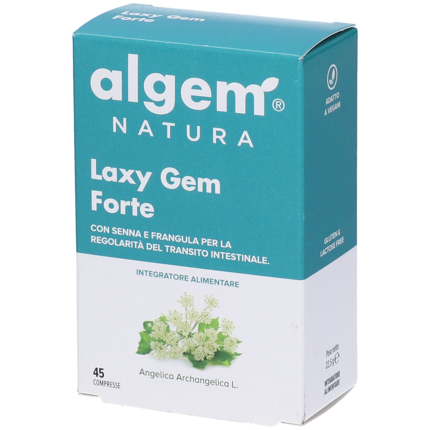 Algem Natura Laxy Gem Forte Compresse. Scatola turchese e bianca, angolata. Loghi vegano e senza glutine.