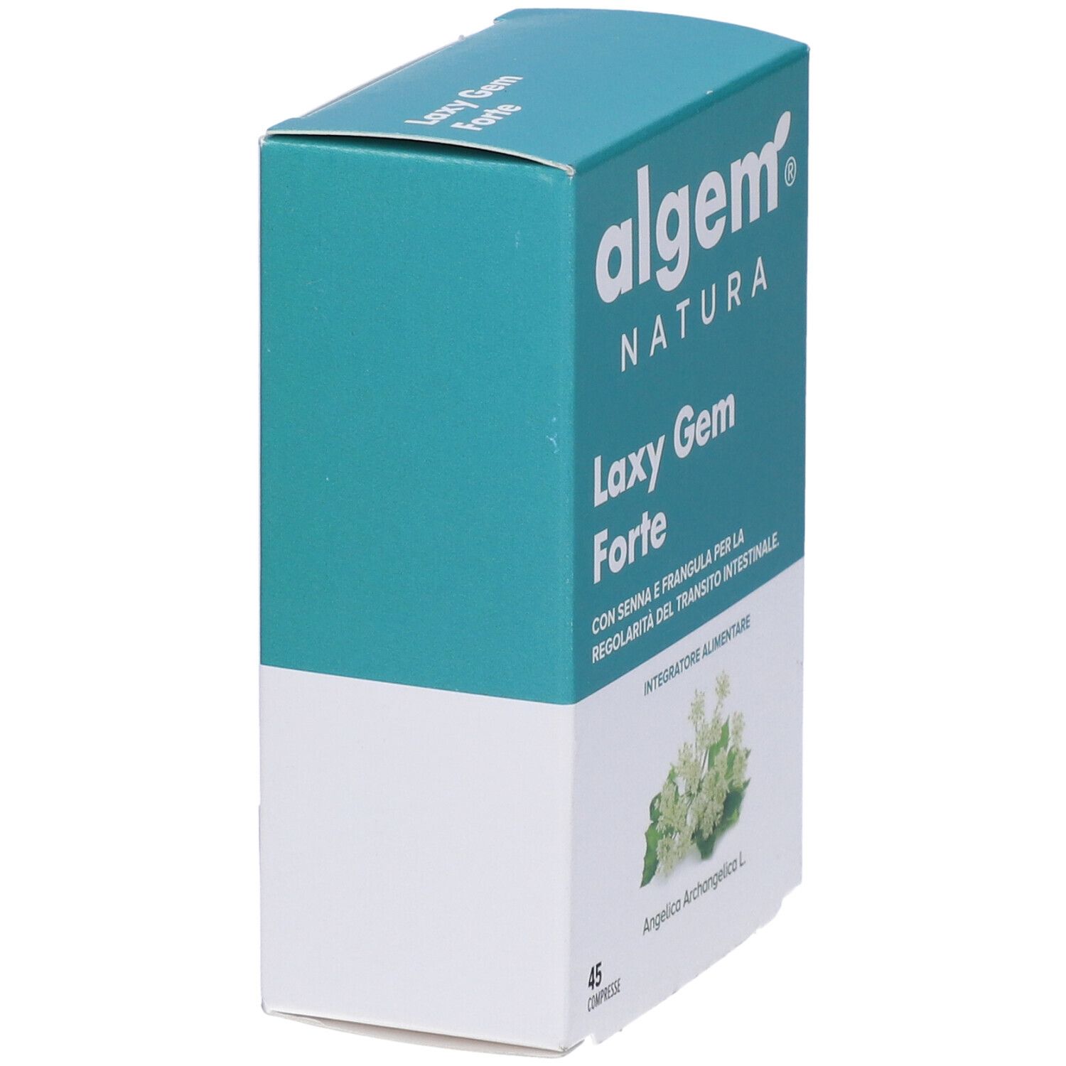 Algem Natura Laxy Gem Forte Compresse. Scatola angolata. Turchese e bianca. Nome del prodotto, logo e immagine floreale.