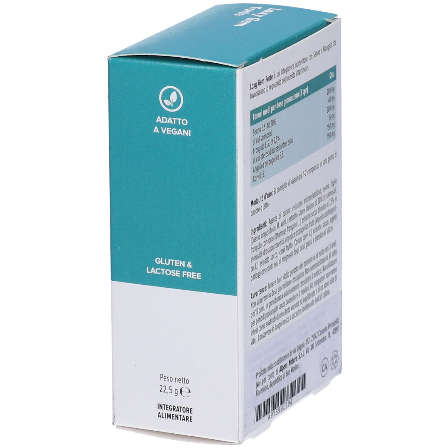 Lato della scatola Algem Natura Laxy Gem Forte Compresse. Testo con ingredienti e istruzioni per l'uso.