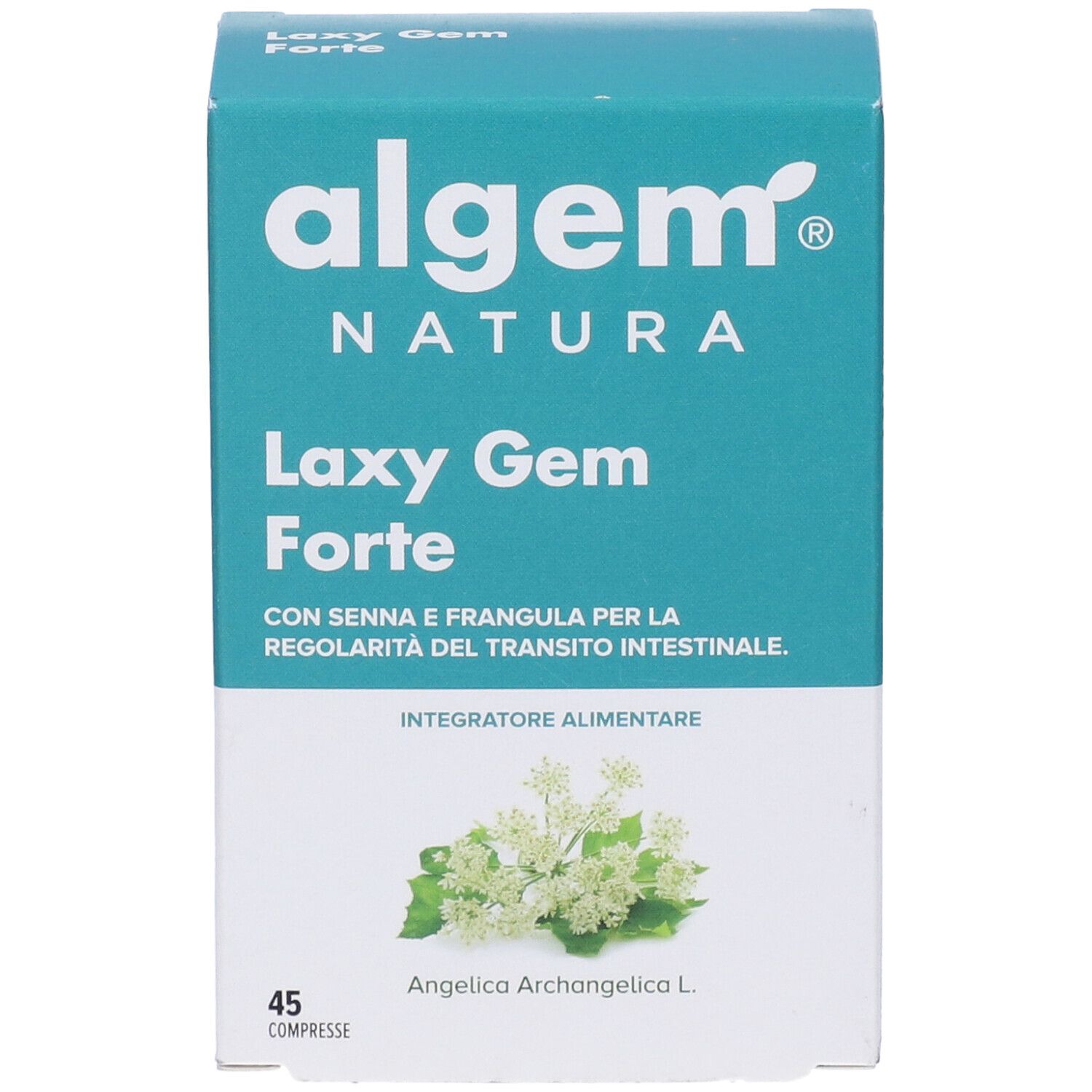 Algem Natura Laxy Gem Forte Compresse. Scatola turchese e bianca con nome del prodotto e immagine floreale.