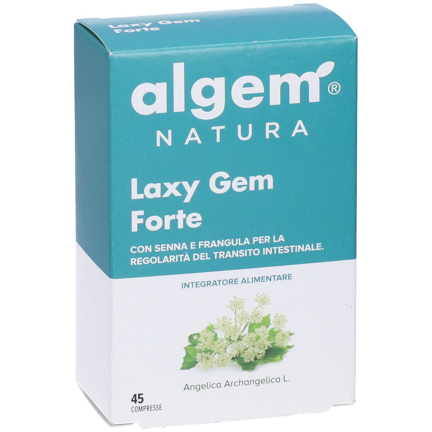 Algem Natura Laxy Gem Forte Compresse. Scatola turchese e bianca con nome del prodotto e immagine floreale.