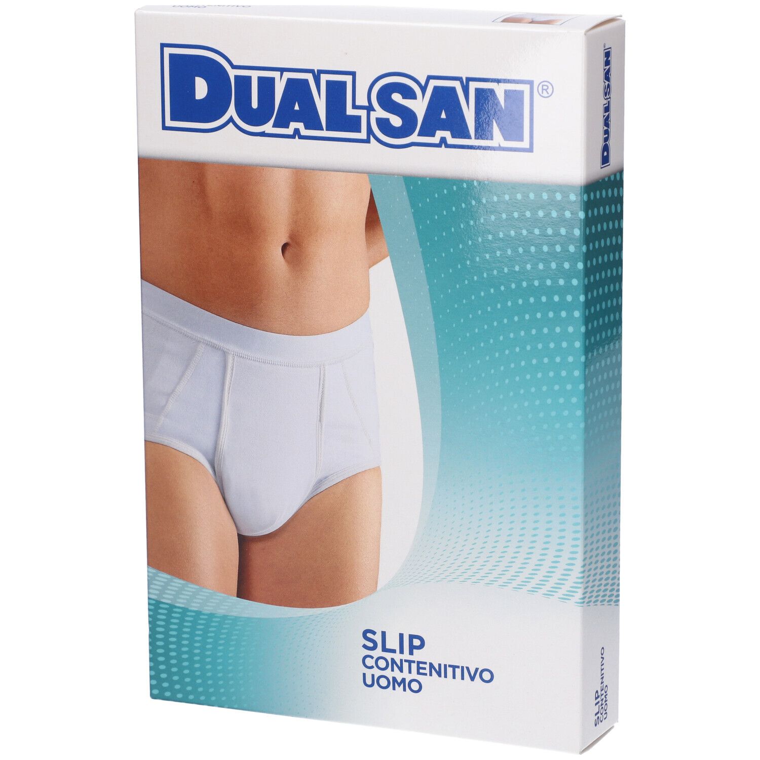 Verpackung mit weißem Slip für Herren, Marke Dualsan.