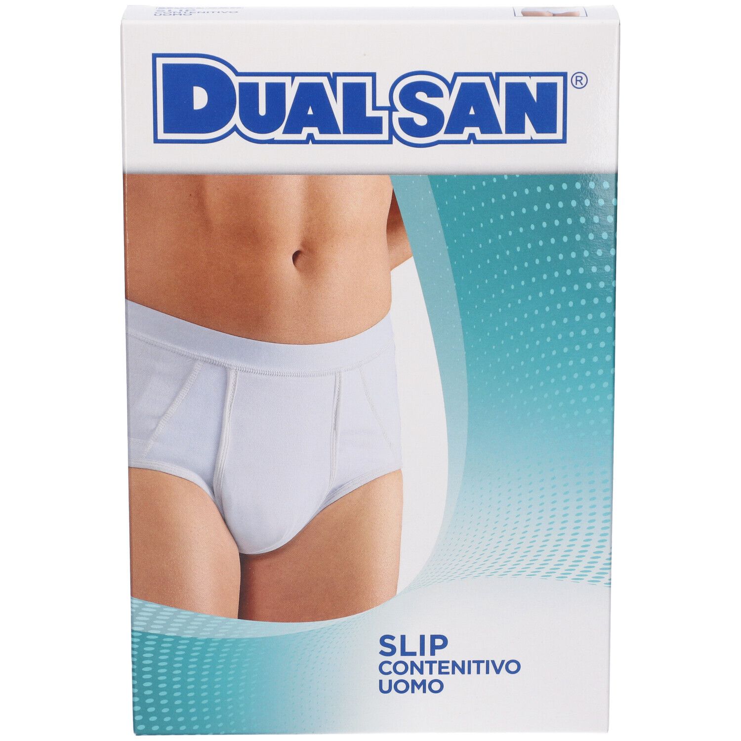 Verpackung mit weißem Slip für Herren, Marke Dualsan.