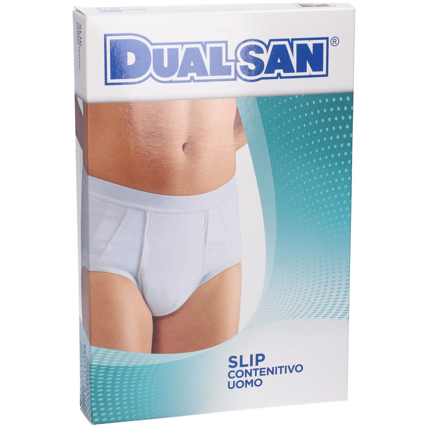 Verpackung mit weißem Slip für Herren, Marke Dualsan.