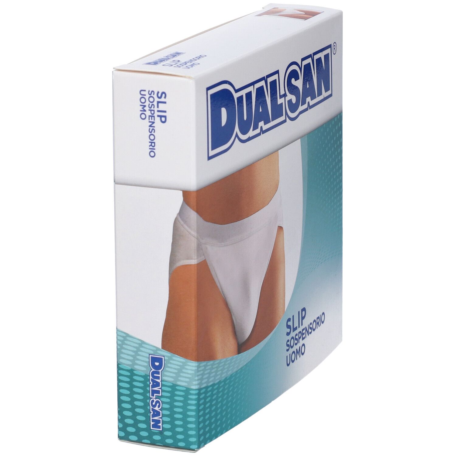 Confezione inclinata Dualsan con slip-sospensorio bianco. Scritta blu.