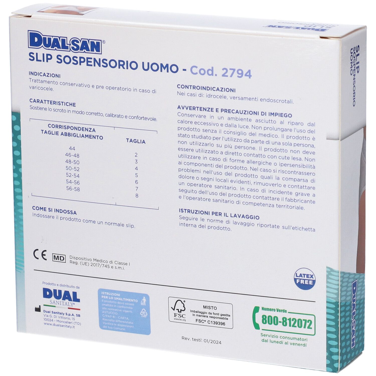 Retro confezione. Testo italiano. Marchio Dualsan. Marchio dispositivo medico.