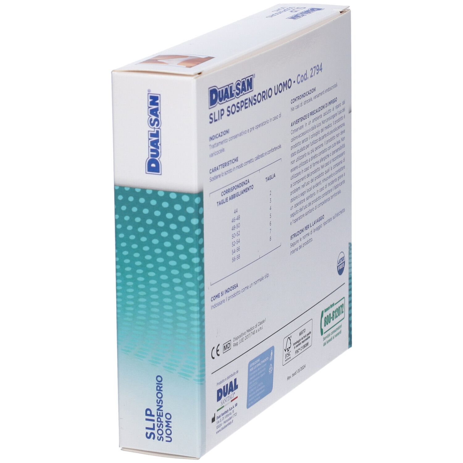 Confezione inclinata, retro con testo italiano. Marchio Dualsan. Marchio dispositivo medico.
