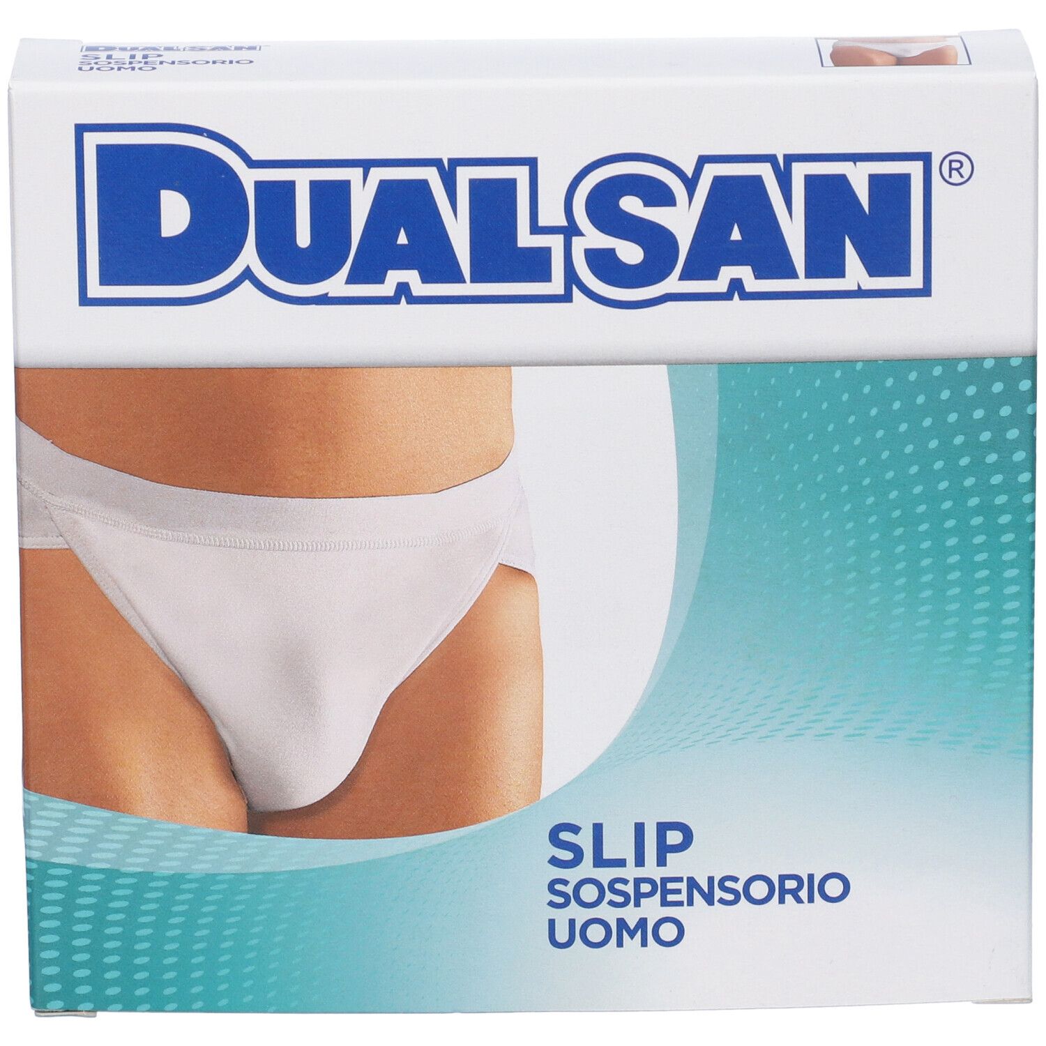 Confezione Dualsan con slip-sospensorio bianco. Scritta blu. Immagine del prodotto.