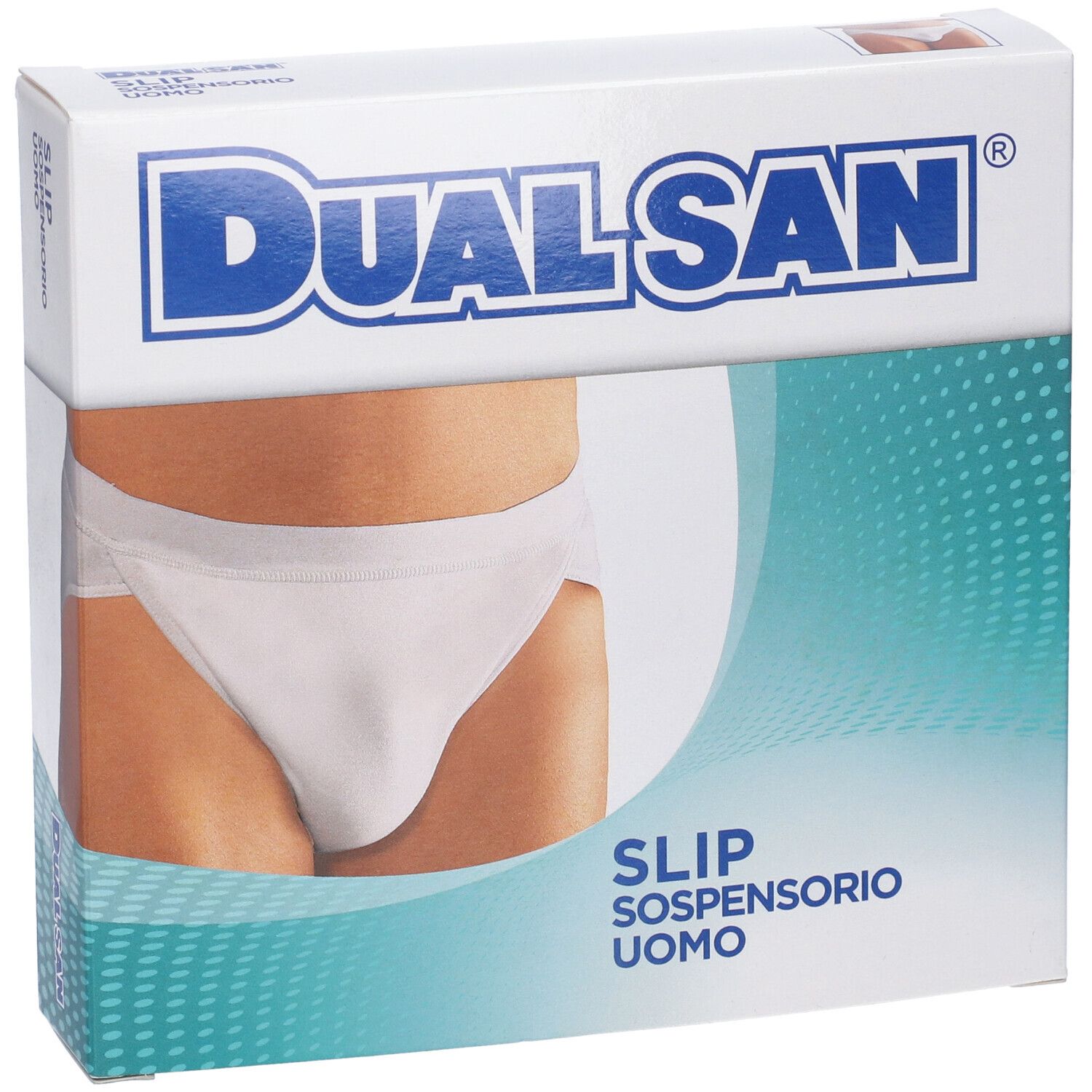 Confezione Dualsan con slip-sospensorio bianco. Scritta blu. Immagine del prodotto.